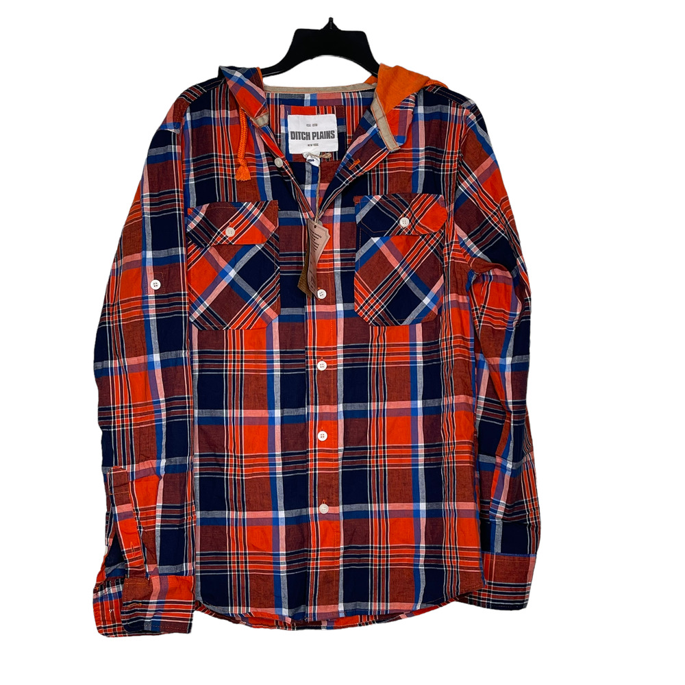 Ditch Plains Mens Hooded Shirt Size Small Button Front Orange Royal Plaid Cotton